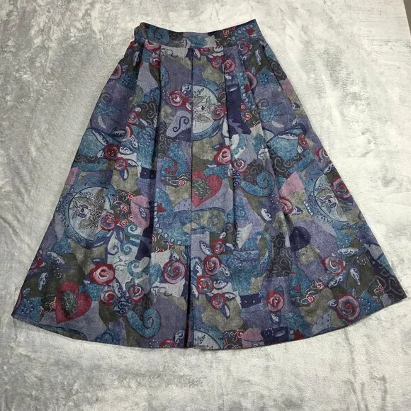 Vintage Geiger Austria Skirt Womens XS Purple Gray Wool Pleated Midi Floral
