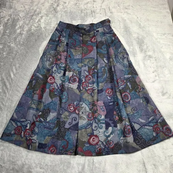 Vintage Geiger Austria Skirt Womens XS Purple Gray Wool Pleated Midi Floral