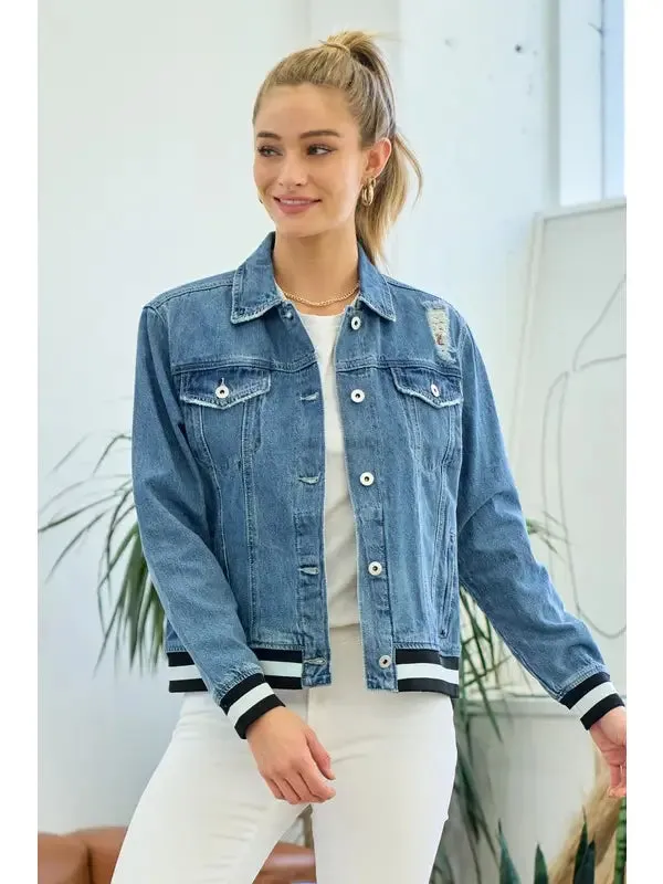 Washed Denim Jacket  With Contrast Band