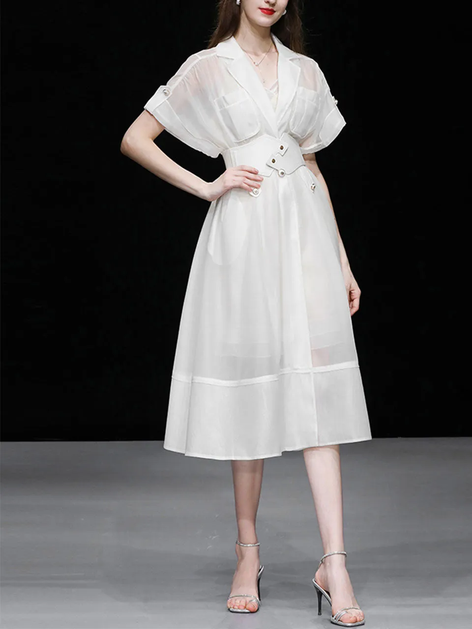 White Lapel Trench 1950S Vintage Organza Dress