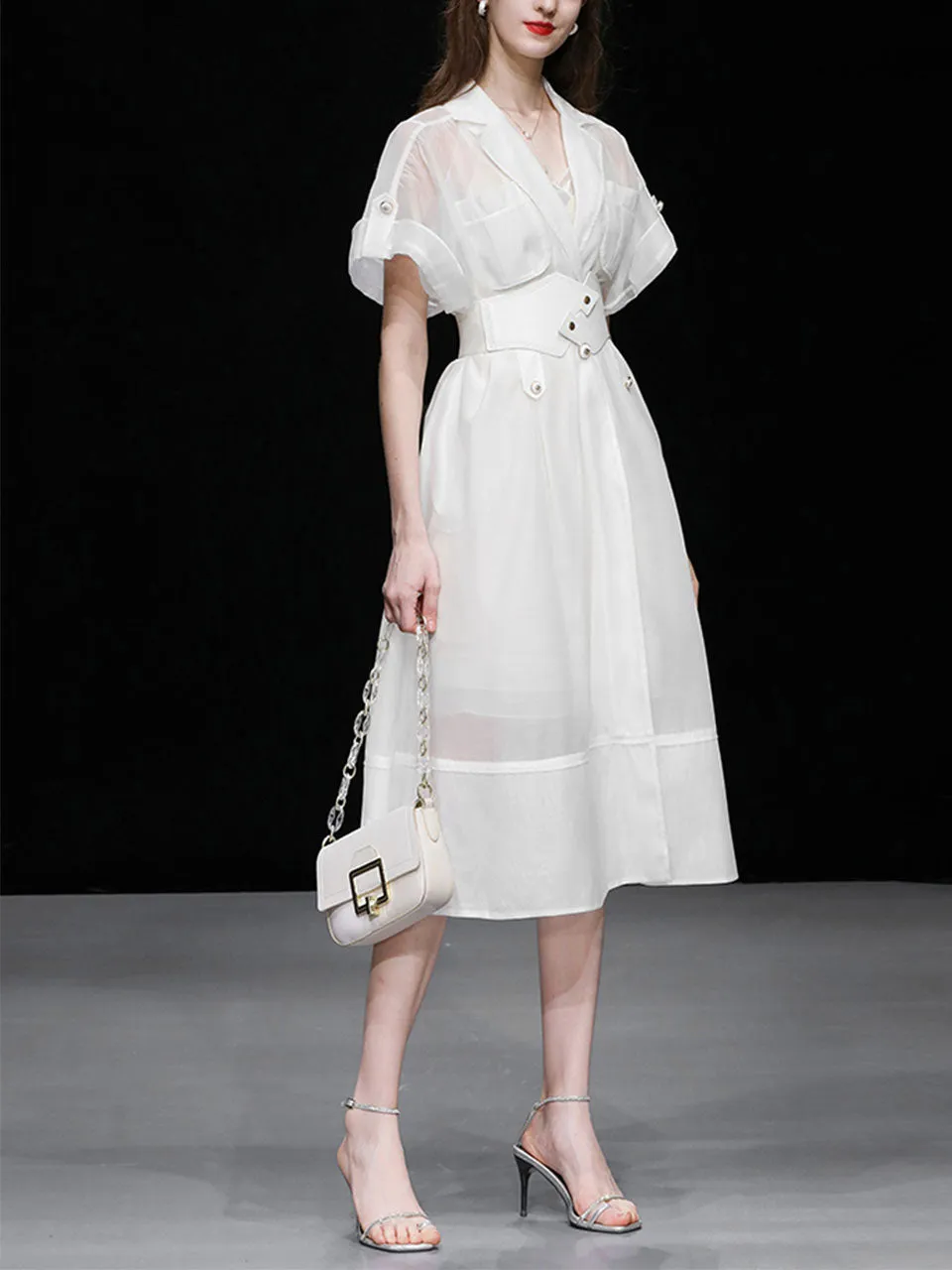 White Lapel Trench 1950S Vintage Organza Dress