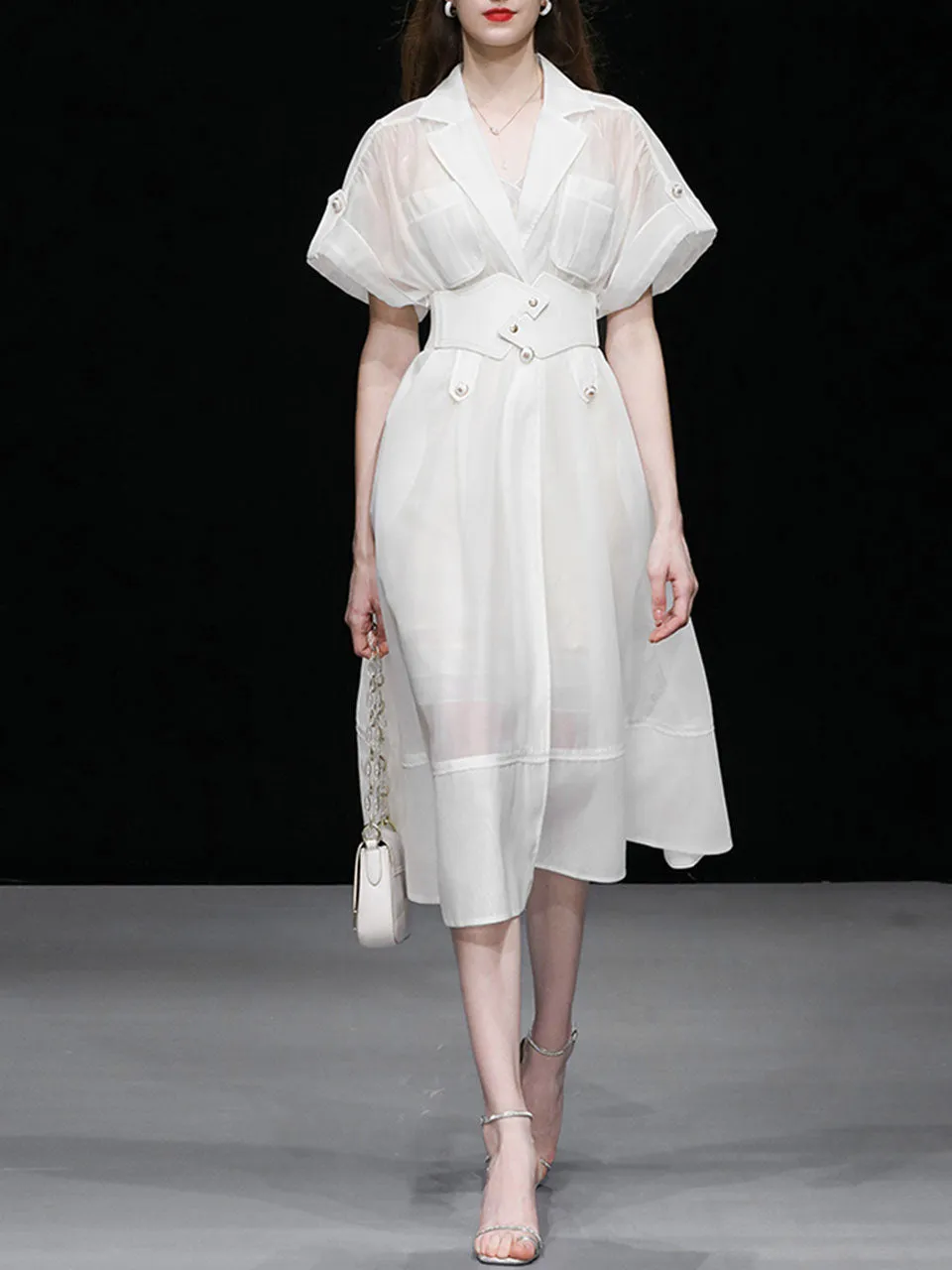 White Lapel Trench 1950S Vintage Organza Dress