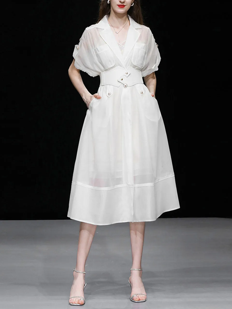 White Lapel Trench 1950S Vintage Organza Dress