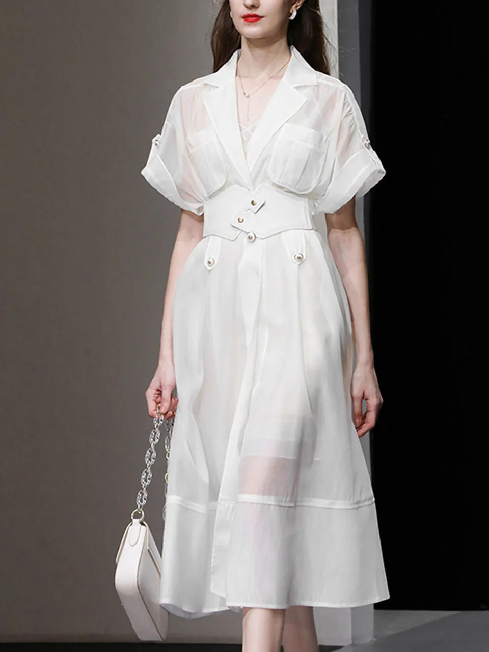 White Lapel Trench 1950S Vintage Organza Dress