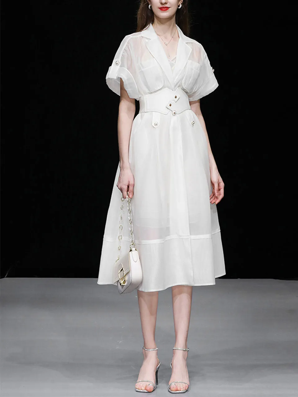 White Lapel Trench 1950S Vintage Organza Dress