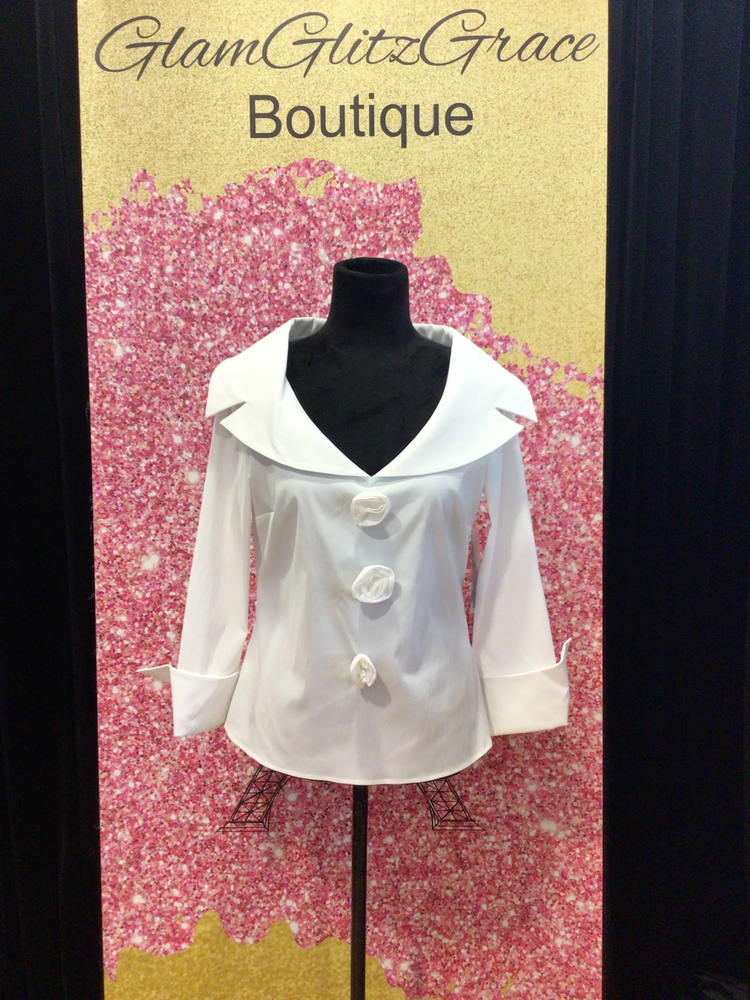 White V-Neck Folded Sleeves Top With 3D Roses