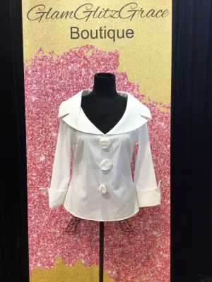 White V-Neck Folded Sleeves Top With 3D Roses