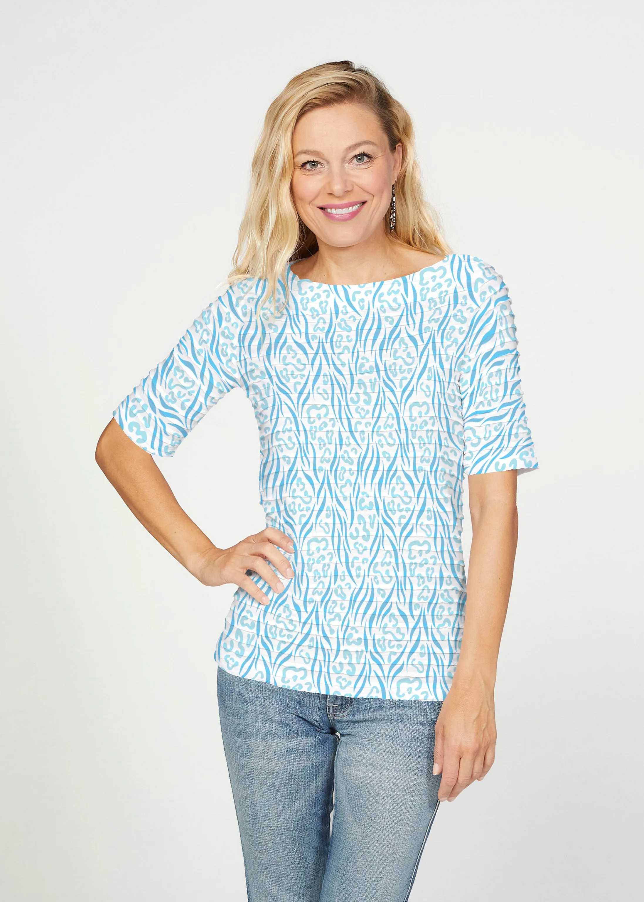 Wild Duo Aqua (7919) ~ Banded Elbow Sleeve Boat Neck Top