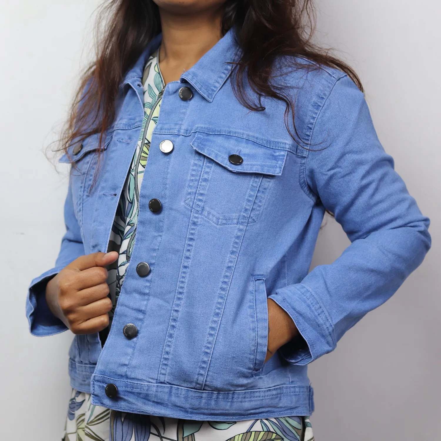 Women Full Sleeve Solid Denim Jacket