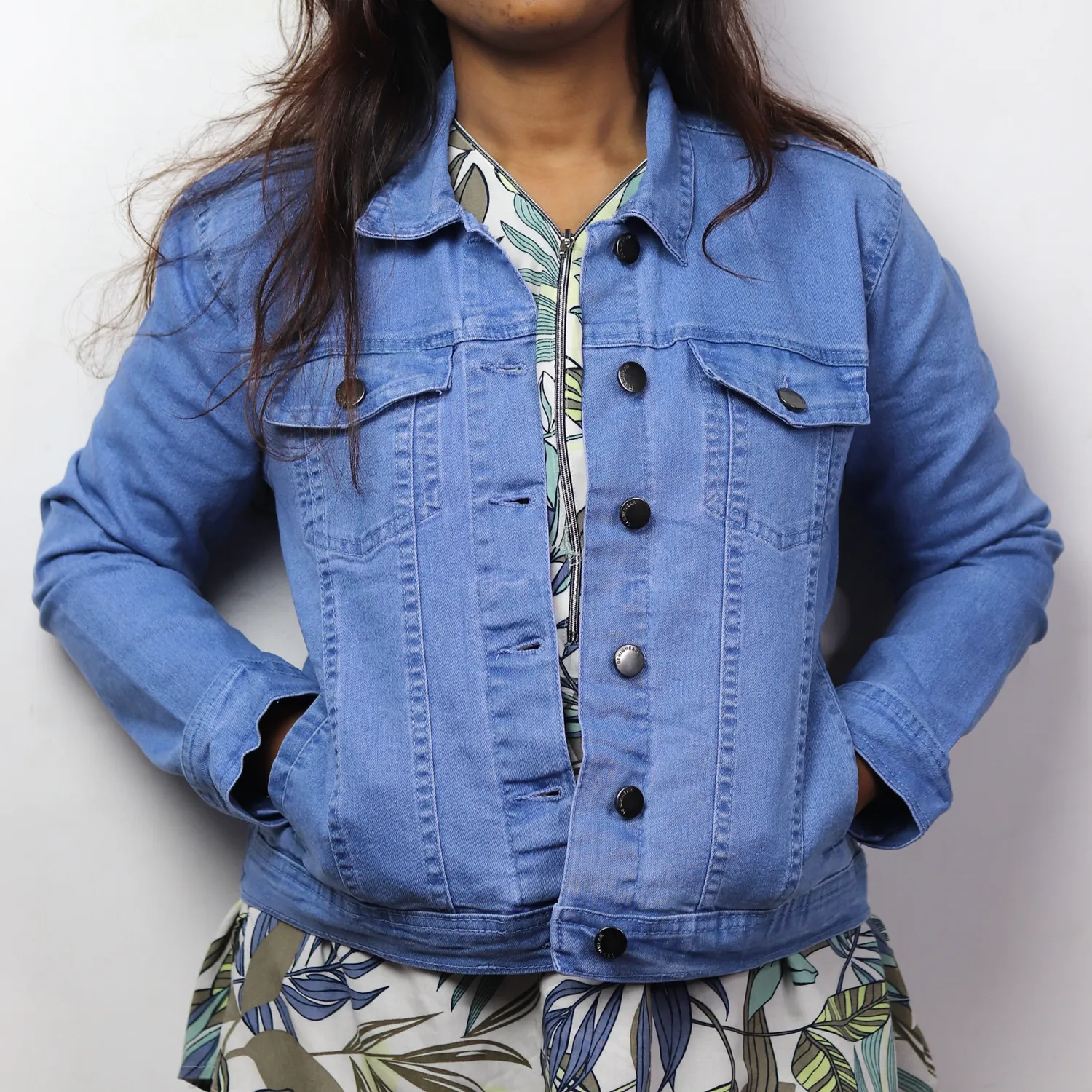 Women Full Sleeve Solid Denim Jacket