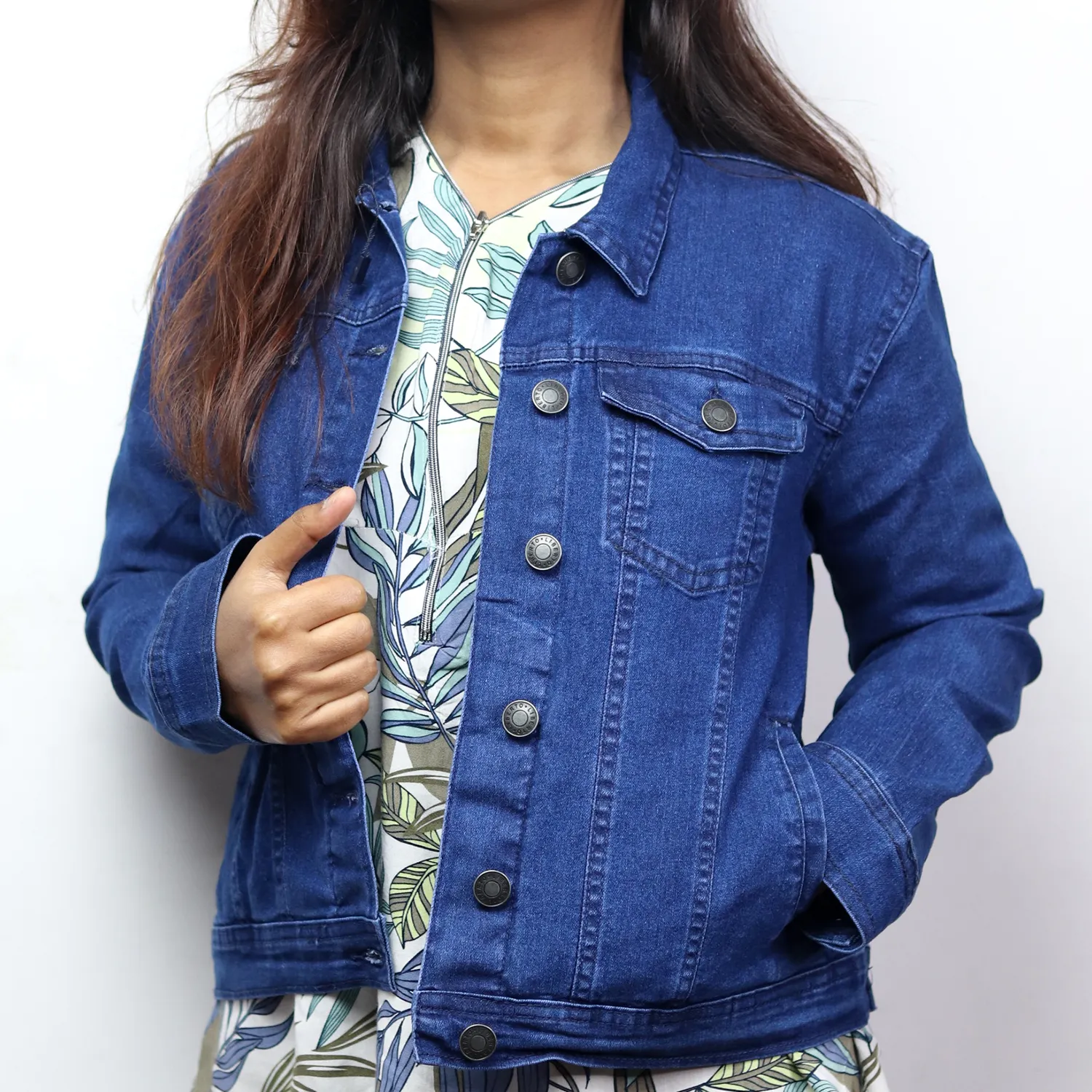 Women Full Sleeve Solid Denim Jacket