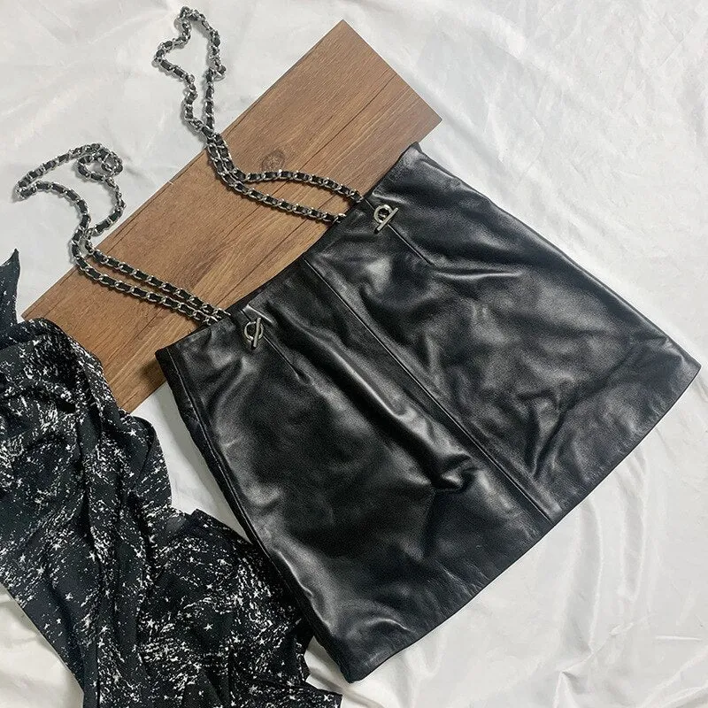 Women's Chic Genuine Leather Pockets A-line Skirt