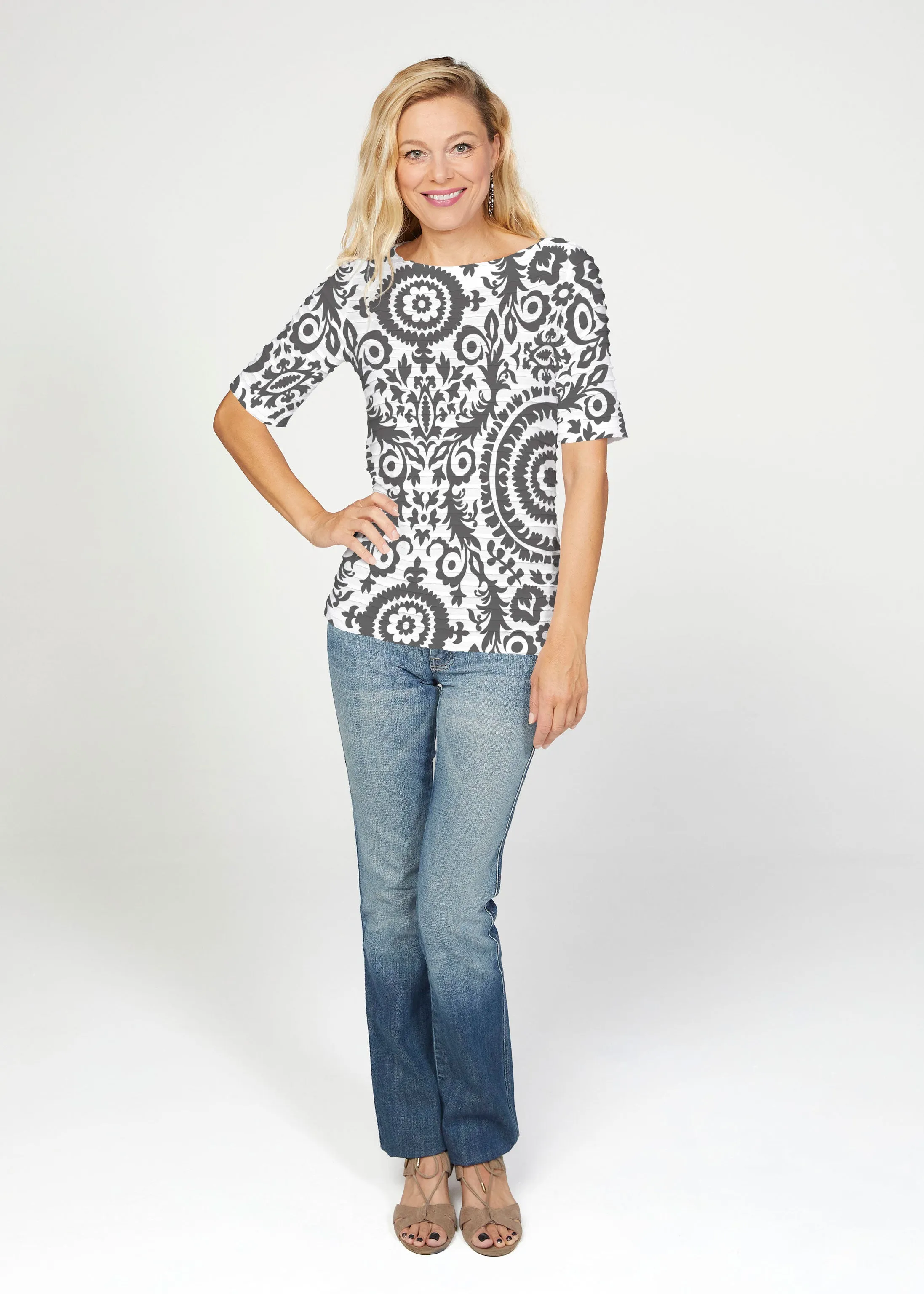World of Swirls (14265) ~ Banded Elbow Sleeve Boat Neck Top