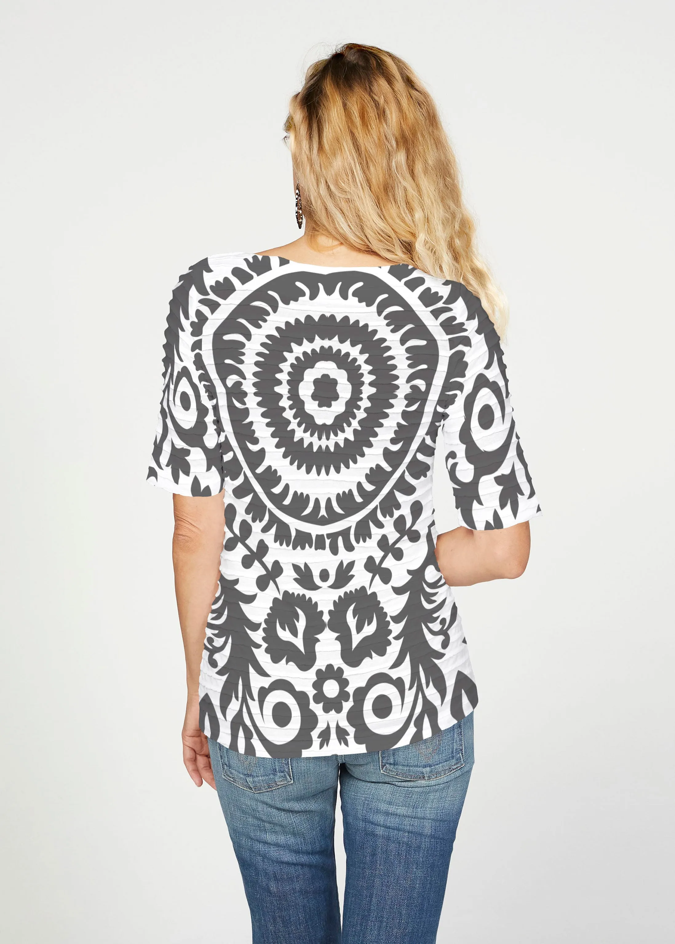 World of Swirls (14265) ~ Banded Elbow Sleeve Boat Neck Top