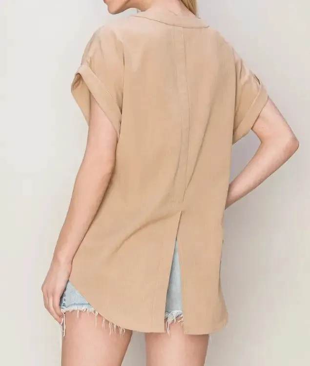 WOVEN V-NECK SPLIT BACK TOP