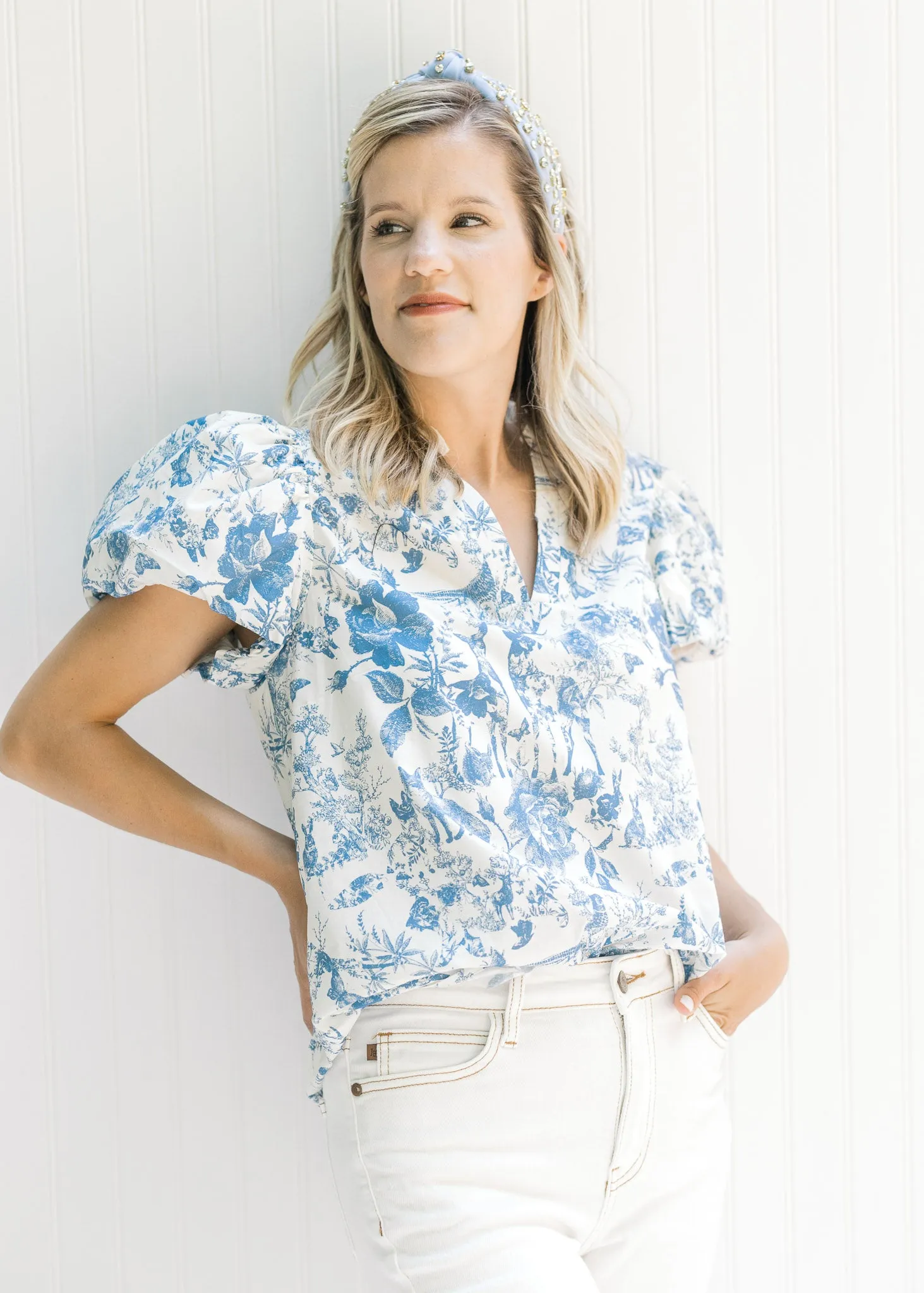 X Kits Blue and White Patterned Top