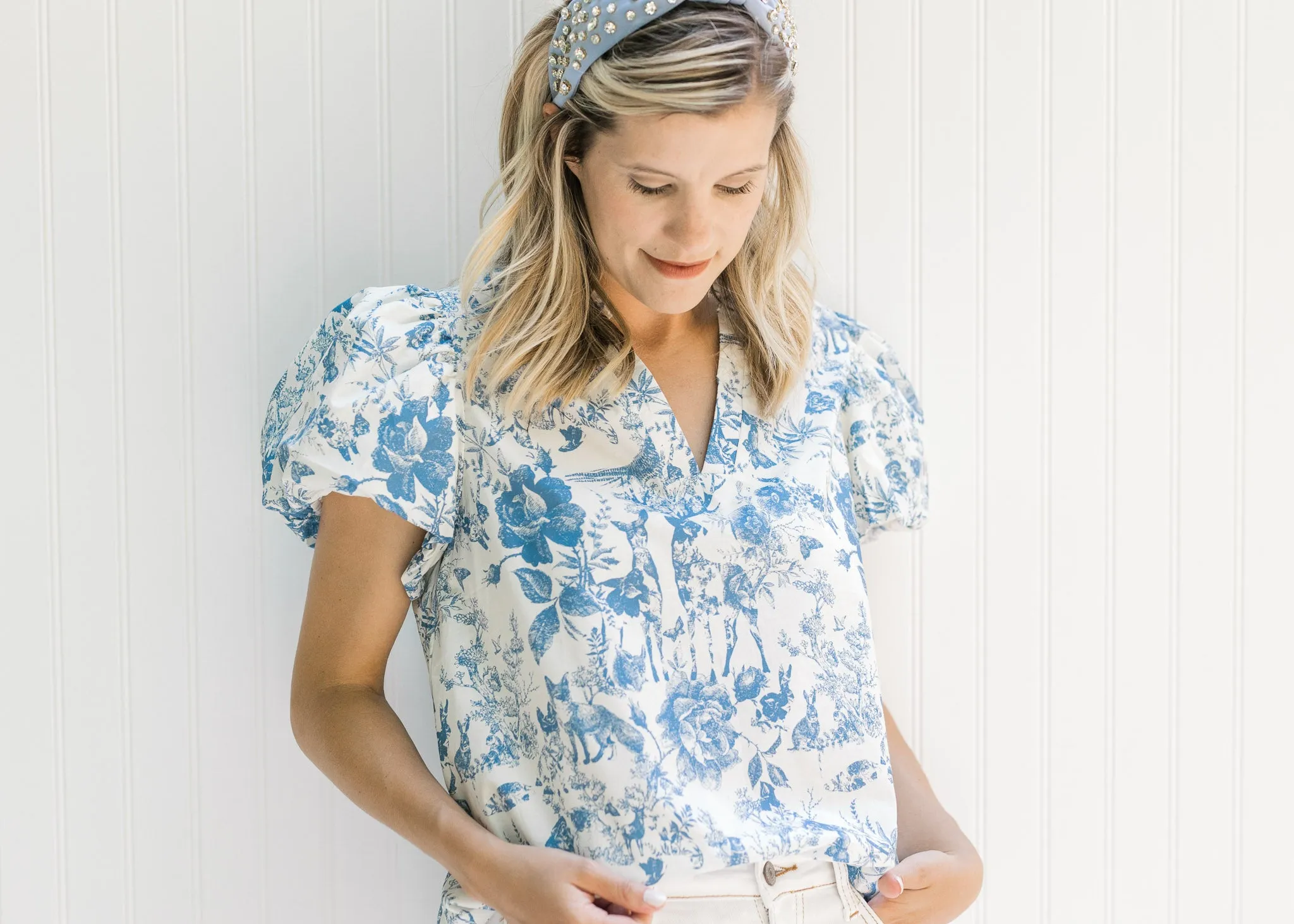 X Kits Blue and White Patterned Top
