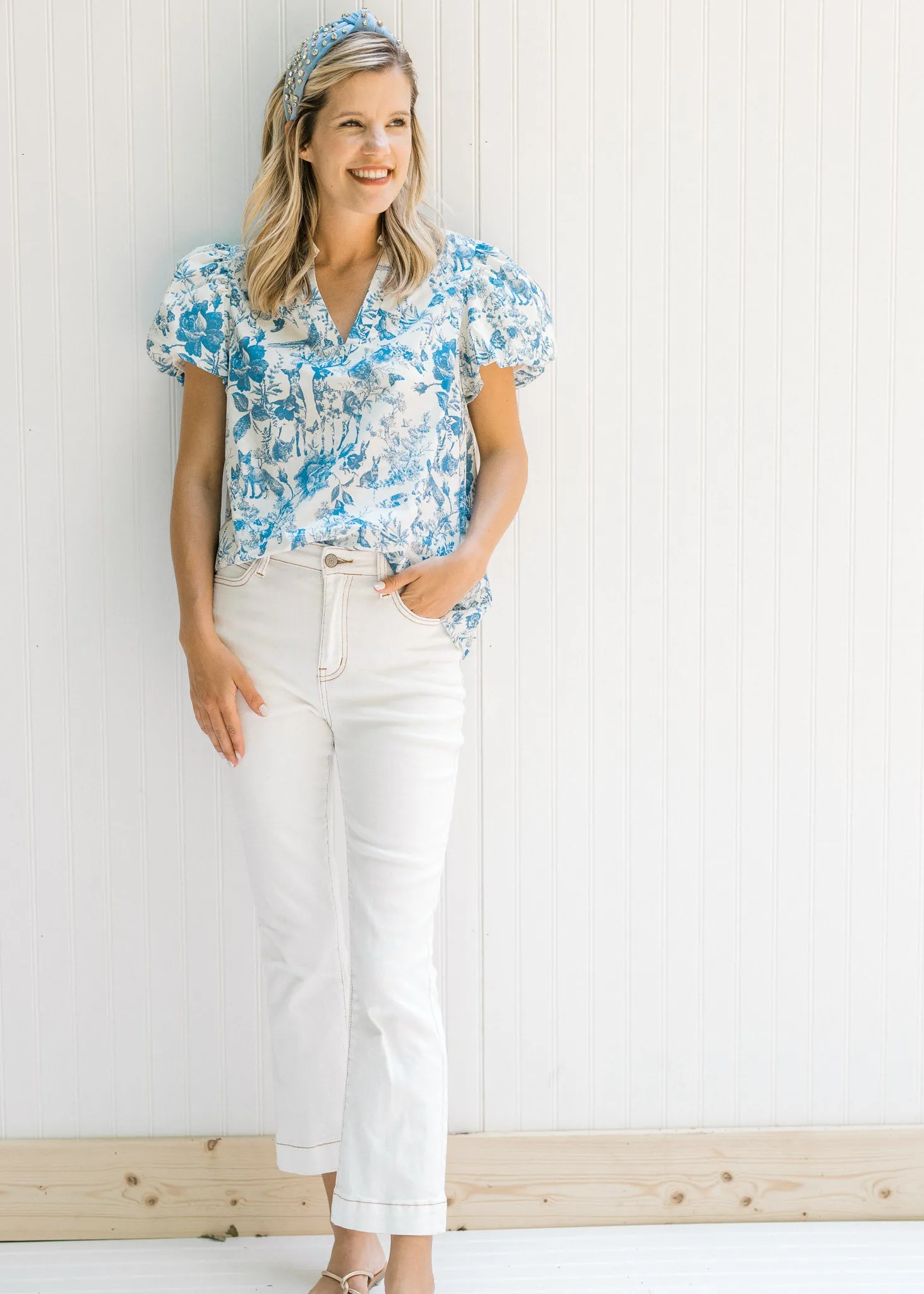 X Kits Blue and White Patterned Top