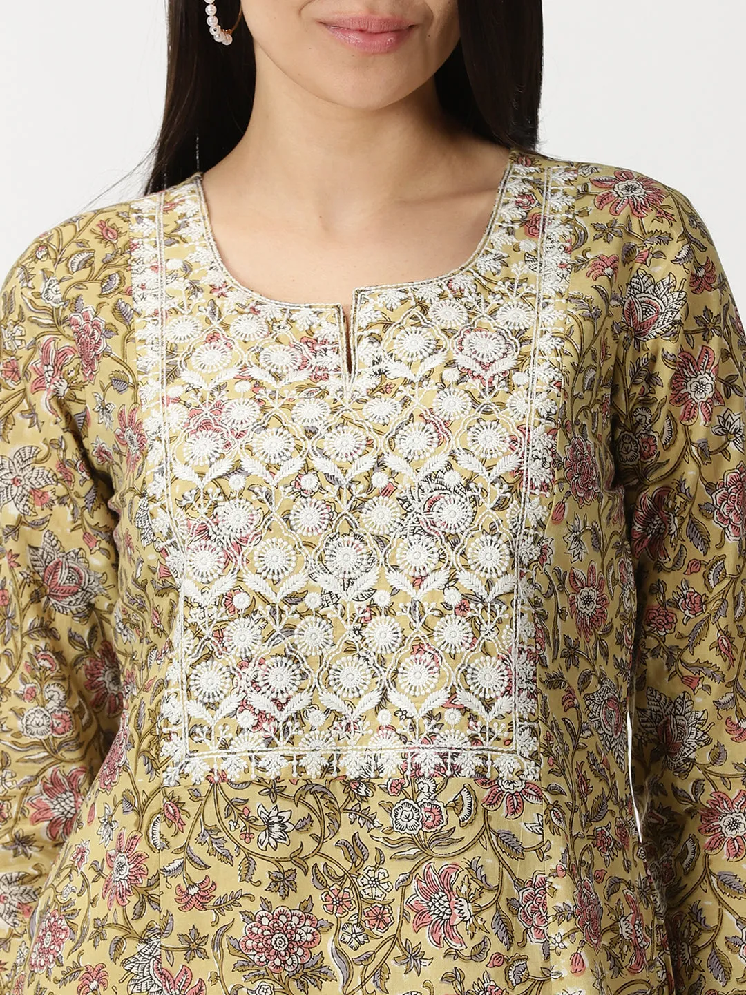 Yellow Floral Print A-line Kurta with Lucknowi Chikankari Embroidery