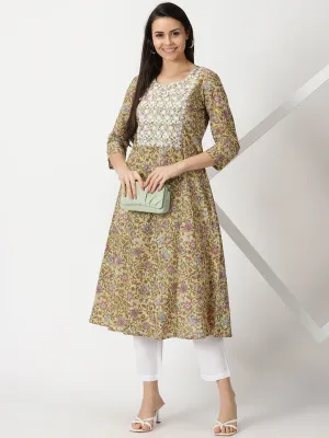Yellow Floral Print A-line Kurta with Lucknowi Chikankari Embroidery