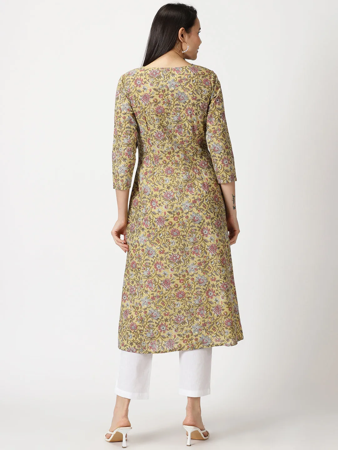 Yellow Floral Print A-line Kurta with Lucknowi Chikankari Embroidery