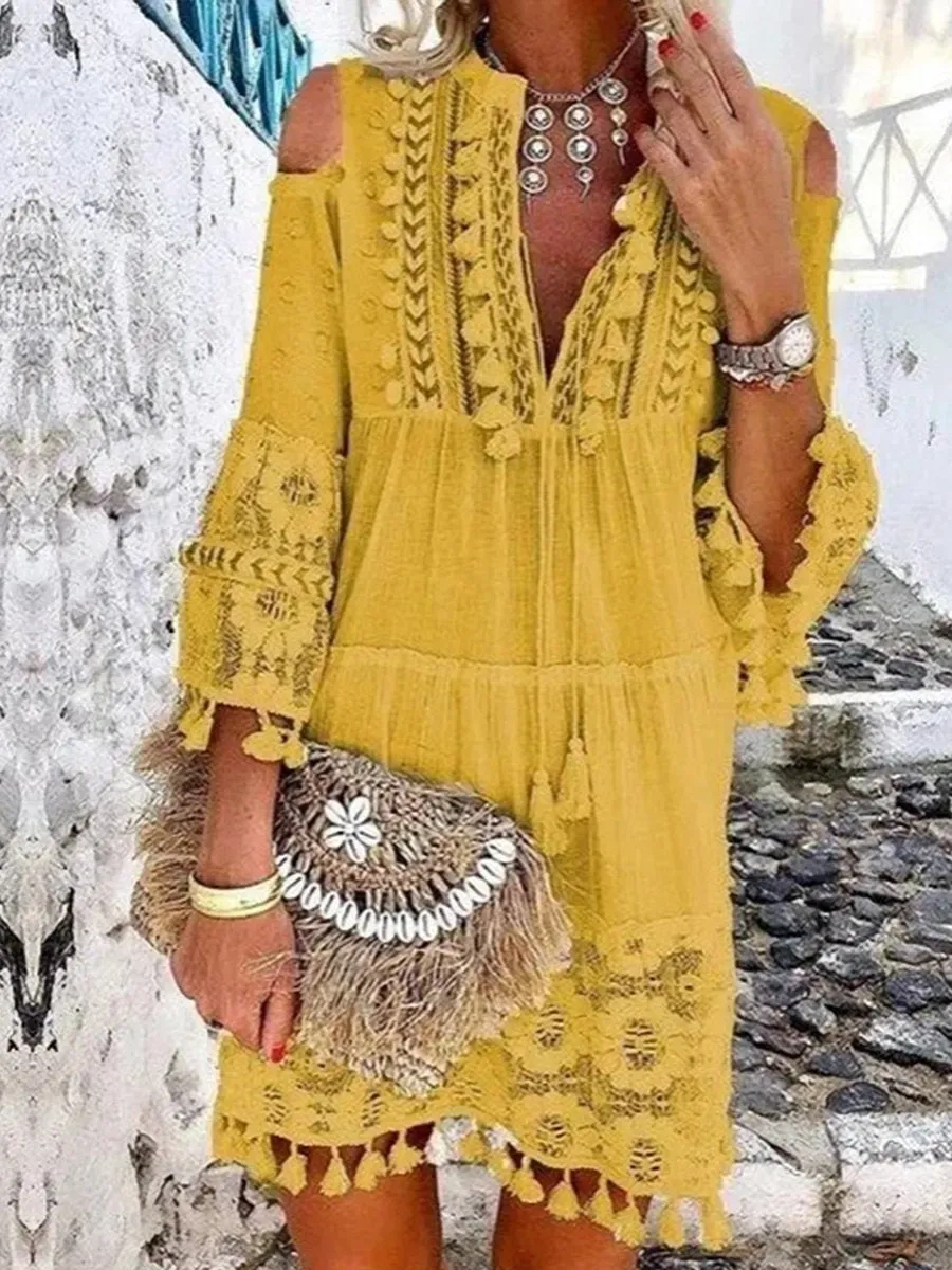 Yellow Tassel V-neck 3/4 Sleeve Vacation Dress