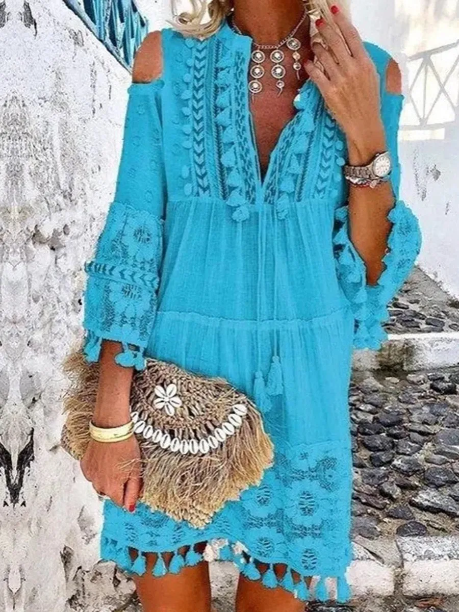 Yellow Tassel V-neck 3/4 Sleeve Vacation Dress