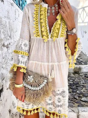 Yellow Tassel V-neck 3/4 Sleeve Vacation Dress