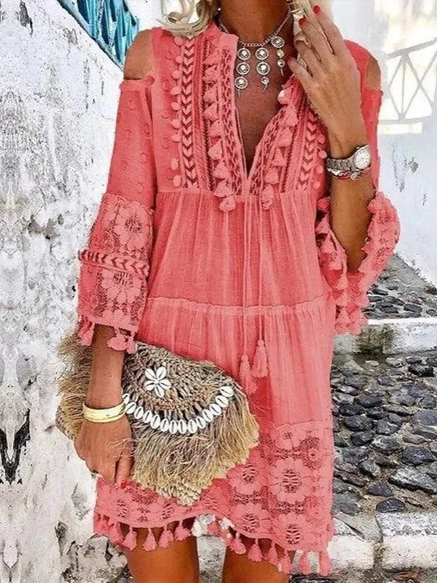 Yellow Tassel V-neck 3/4 Sleeve Vacation Dress