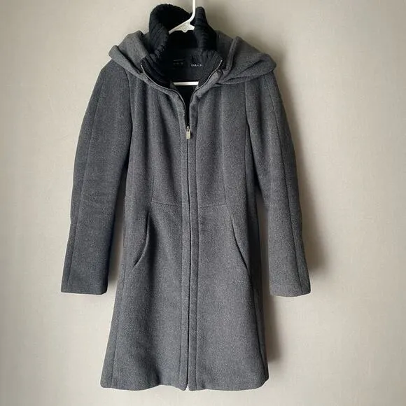 Zara sz M gray wool trench zip hooded winter coat